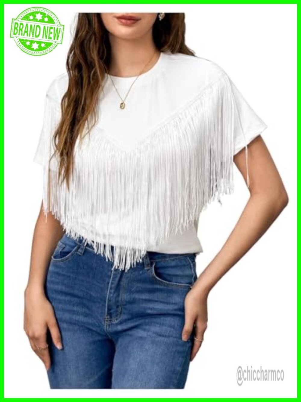 Short Sleeve Fringe Tassel Trim Western Cowgirl Top